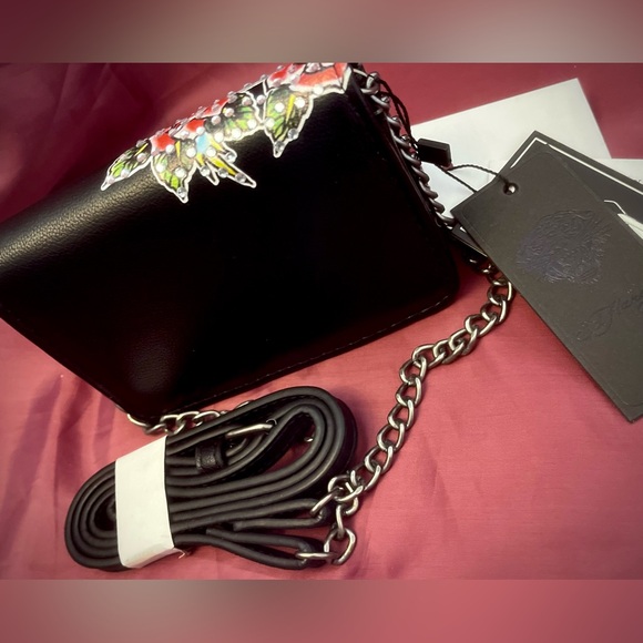 Ed Hardy Black Vegan Leather Wallet Crossbody Bag - Picture 4 of 7